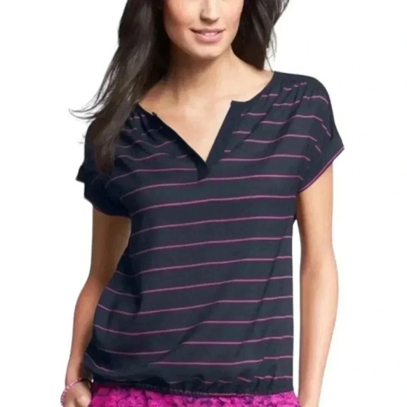 Ann Taylor Striped Split Neck Bubble Hem Top - Picture 1 of 5
